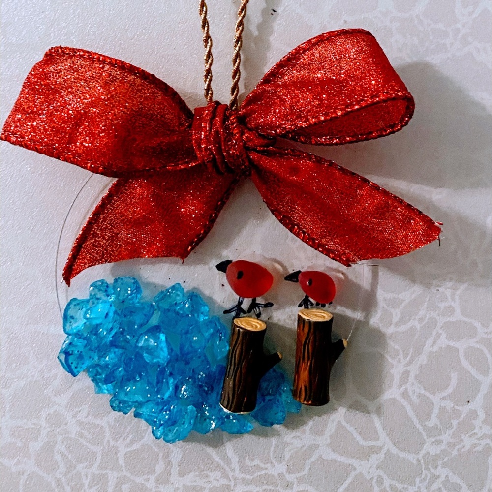 Two sea glass birds with Red Glitter Bow Handmade Ornament or car mirror dangle